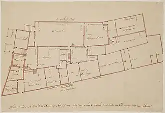 Plattegrond van het Oude Stadhuis; 1639. Links de Dam, boven de Gasthuissteeg, rechts de Nieuwezijds Voorburgwal en onder de Vogelsteeg. Het noorden is aan de onderzijde. Stadsarchief Amsterdam.