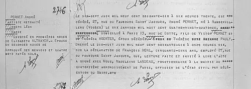 Overlijden André Pernet, parijs 14 17 juni 1966