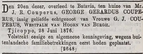 Overlijden van George Gerardus Couperus op Tjicoppo