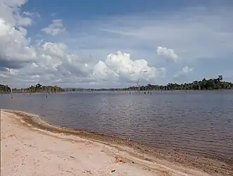 het strand van Stoneiland met zicht op het Brokopondostuwmeer