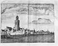 Gezicht op Deventer door Jan Abrahamsz. Beerstraaten uit 1655. De Duimpoort is in het midden te zien.