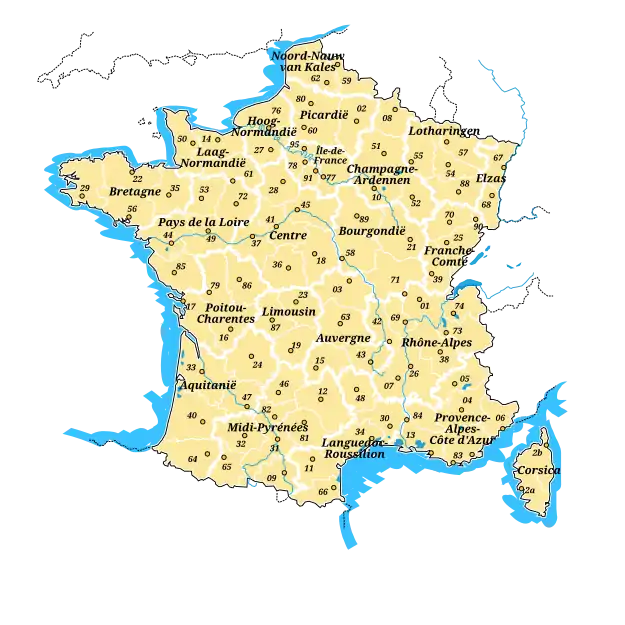 Overzichtskaart van Franse departementen (2008) met de regio's toen in gebruik