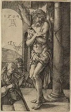 Christus als Man van Smarten bij de zuil[77] 1509 Kopergravure 119 x 76 mm Bartsch 3