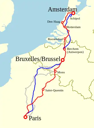 PBA routes: Île de France (rood) en Thalys (blauw)