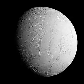 Enceladus, gefotografeerd door Cassini-Huygens in 2005 (NASA)