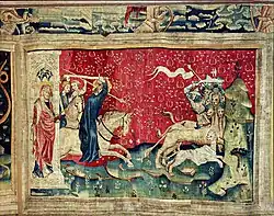 Het woord van God als de zegevierende ruiter op het witte paard valt de beesten aan