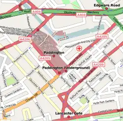 Paddington en de omliggende straten op de kaart. Het Paddington (underground) station dat hier is aangegeven, is het zuidelijke metrostation aan Praed Street.