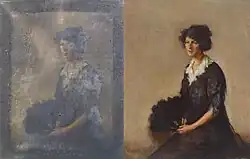 Schilderij beschadigd door brand, voor en na de restauratie