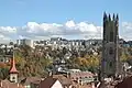 Panorama over Fribourg met de kathedraal en op de achtergrond de wijk Schönberg