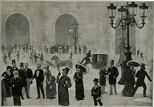 Foto van een deel van het panorama Le Tout-Paris, gemaakt voor de Wereldtentoonstelling van 1889. Tussen alle vedetten heeft Charles Castellani ook zichzelf afgebeeld (de man met de stok onder de koets) in gesprek met Adolphe Yvon.