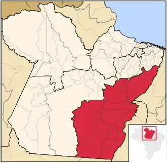 Ligging van de Braziliaanse mesoregio Sudeste Paraense in Pará