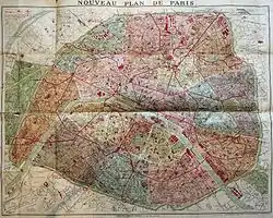 Het Parijse metronet in de jaren 1920, met de twee maatschappijen (CMP en Nord-Sud). Geen metrolijn reed voorbij de vroegere stadswallen.