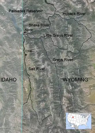 Kaart van Westelijk Wyoming met een aantal bijrivieren van de Snake