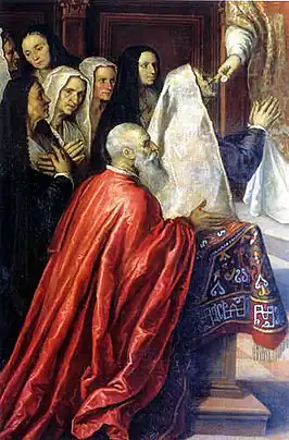 Schilderij van Palma Giovane waarop Pasquale Cicogna de mis aanhoort.