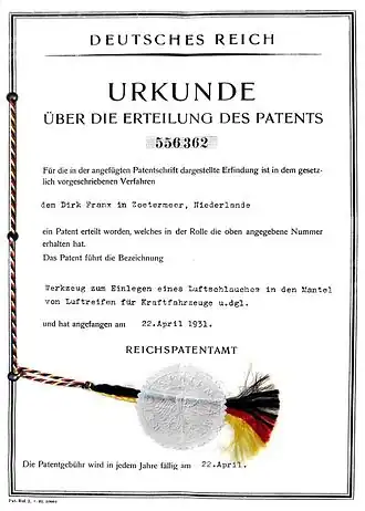 Duits patent voor Nederlandse uitvinding van de binnenband, 1931