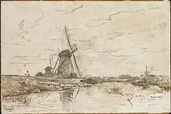 landschap met molens, olieverf op doek?, 65 x 100 cm