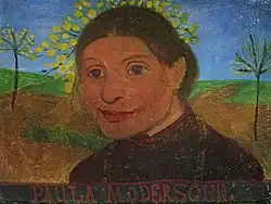 Paula Modersohn-Becker: Selbstporträt vor blühenden Bäumen (1902)