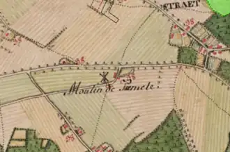De molen vermeld als "Moulin de Pamele" op de Ferrariskaart