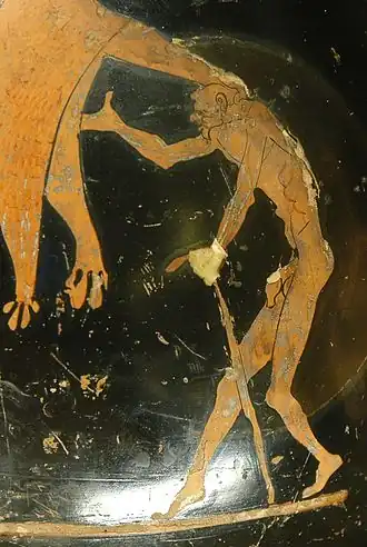 Geras afgebeeld (detail) op een Oudgriekse vaas, ca. 480–470 v.Chr.