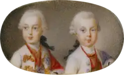 Portret Prins Maximiliaan Franz met zijn broer Ferdinand, groothertog van Oostenrijk-Este, hertog van Modena (links), circa 1764.