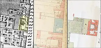 Het Penitentenklooster in geel, blauw en rood op drie kaarten: 1. Larcher d'Aubencourt (1749); 2. Kadasterkaart (ca. 1824); 3. Von Geusau (1894; reconstructie)