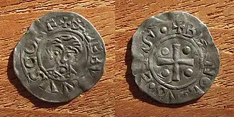 Bisdom Utrecht, bisschop Bernold, zilveren penning of denarius met portret van de Deventer stadsheilige Lebuïnus z.j. (geslagen te Deventer 1046-1054).