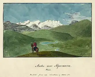 "Andes bij Alparmarca, Peru". Geïllustreerd door Alfred Thomas Agate van de Zuid-Amerikaanse sectie van de United States Exploring Expedition.