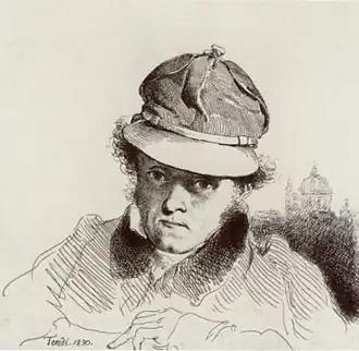 Zelfportret van Peter Fendi. Ets, 1830.