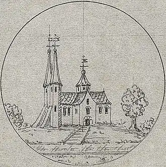 Afbeelding van de oude kerk met het westwerk, zoals te zien op de avondmaalsschaal uit 1653. Nagetekend door Cornelis Peters in 1891. Zie ook de afbeelding op de avondmaalsbeker