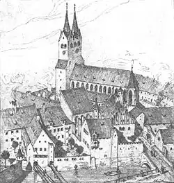 Oude afbeelding van de kerk met dubbele torens