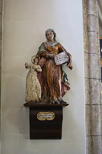 De heilige Anna met haar dochter Maria. Het boek dat ze draagt, toont de tekst "Tu es spes mea, portio mea" (Psalm 142: 6)