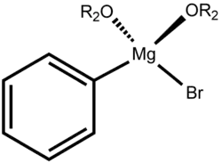 Structuurformule van fenylmagnesiumbromide met twee complexerende ethermoleculen