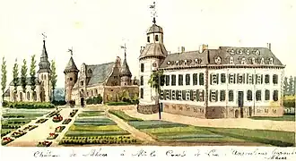 Vorige kerkgebouw (links) getekend door Ph. van Gulpen ca. 1850, met de toren aan de zijde van het kasteel