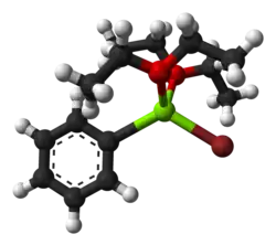 Molecuulmodel van fenylmagnesiumbromide met twee complexerende di-ethylethermoleculen