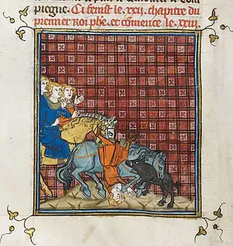 De jonge koning Filips sterft door een val van zijn paard (British Library, Royal 16 G VI f. 309; 14e eeuw).