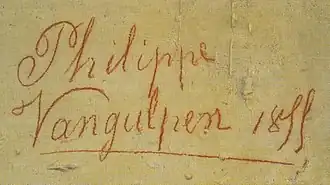 Handtekening van Philippe van Gulpen, in 1855 met rood krijt gezet op een mergelwand in het gangenstelsel Zonneberg in de Sint-Pietersberg