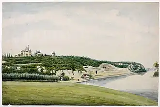 Kasteel met daarvan rechts de kapel (1850)