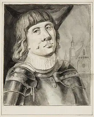 Filips van Glymes met op de achtergrond de Ridderzaal in Den Haag.