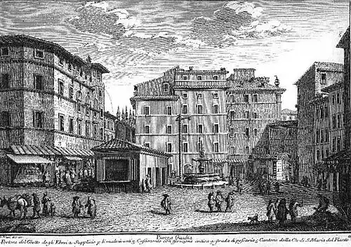 G. Vasi: Piazza Giudía, 1752. Van links naar rechts: huis van L. Manilius; Via della Perscheria; post van de gendarmeria; bestraffingspaal; fontein van G. della Porta; Porta Giudía, en S. Maria del Pianto.