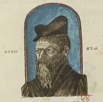 Pierre Belon in 1553, 36 jaar oud, in L'histoire de la nature des oyseaux[1]