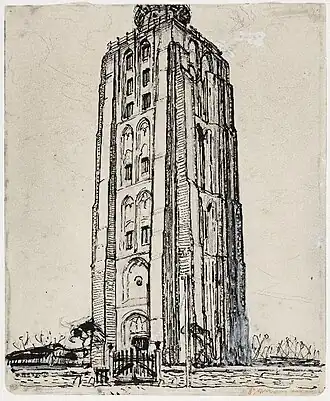 Vuurtoren bij Westkapelle, inkt, krijt en gouache op papier, Piet Mondriaan (1909); coll. Kunstmuseum Den Haag