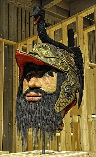 Het hoofd van reuzegom Druon Antigoon, in het Museum aan de Stroom, vervaardigd door Pieter Coecke van Aelst in 1534-35 uit papier-maché, touw, metaal en haar