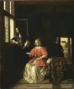 Brieflezende vrouw en man bij venster in een interieur (1668-70)