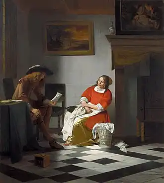 Interieur met een man die een brief leest en een vrouw met naaiwerk van Pieter de Hooch, ±1675.