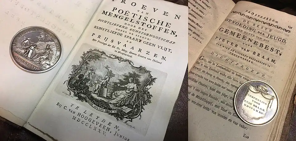 Het prijswinnend gedicht "De opvoeding der Jeugd ten nutte van dit Gemeenebest" en de zilveren eerpenning (1775) door het Dichtlievend Genootschap Kunstliefde Spaart Geen Vlijt aan Pieter van Braam uitgereikt.