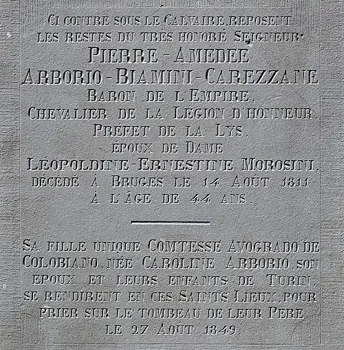 Tekst op de cenotaaf van Pietro Arborio in Brugge