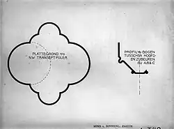 de oorspronkelijke en de verviervoudigde hoekpijler van schip en dwarsschip. Foto RCE, 1932