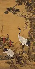 Denneboom, pruimenbloesem en kraanvogels - Shen Quan (1759)
