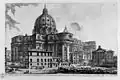 Voorstelling met het mausoleum (midden-rechts) als sacristie van de nieuwe (hier gesublimeerde) Sint-Pieter in de 18e eeuw