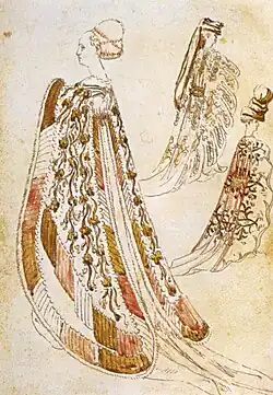 Drie dames, ca. 1433-1438, zilverstift en aquarel op perkament, 26,2&nbsp;×&nbsp;18, Musée Bonnat (Bayonne), inv. 141r